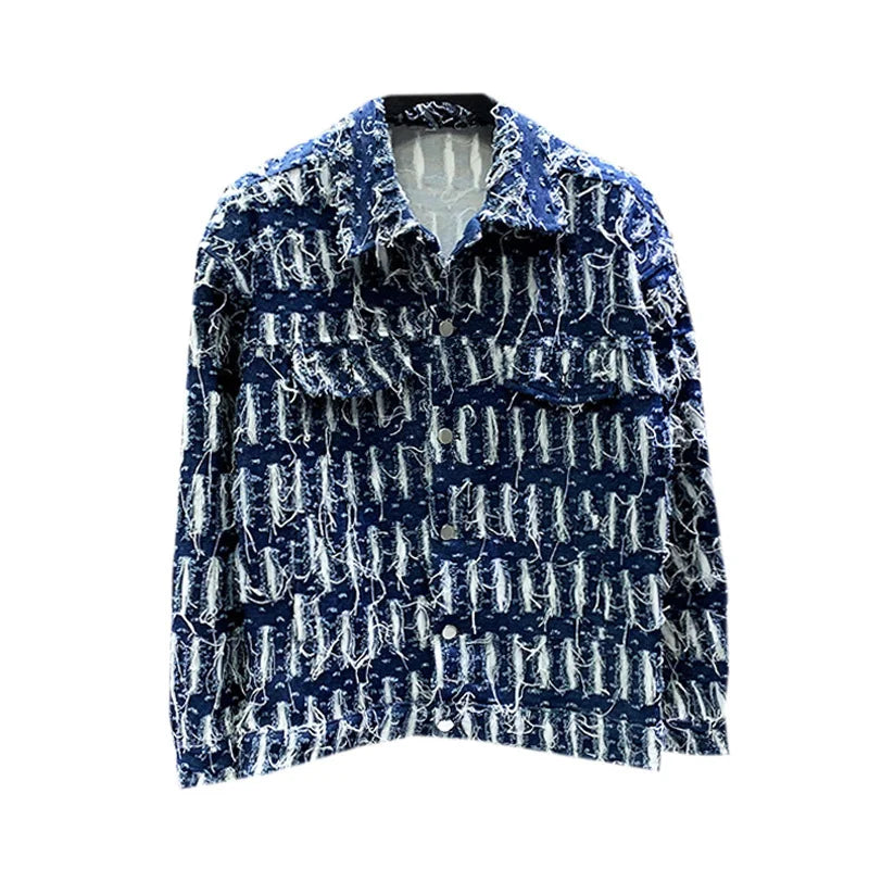 Hollow Out Hole Denim Jackets For Men Solid Loose Single Breasted Tassels Burr Coat