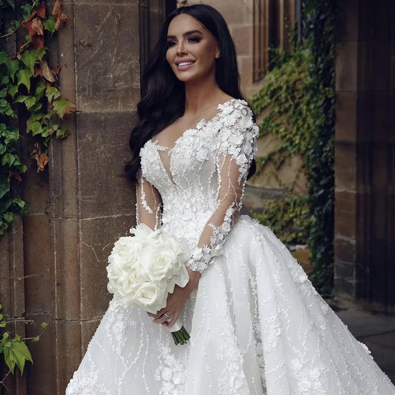 White Bridesmaid Dresses: Chiffon Princess Ball Gown O-neck Full Sleeve Elegant