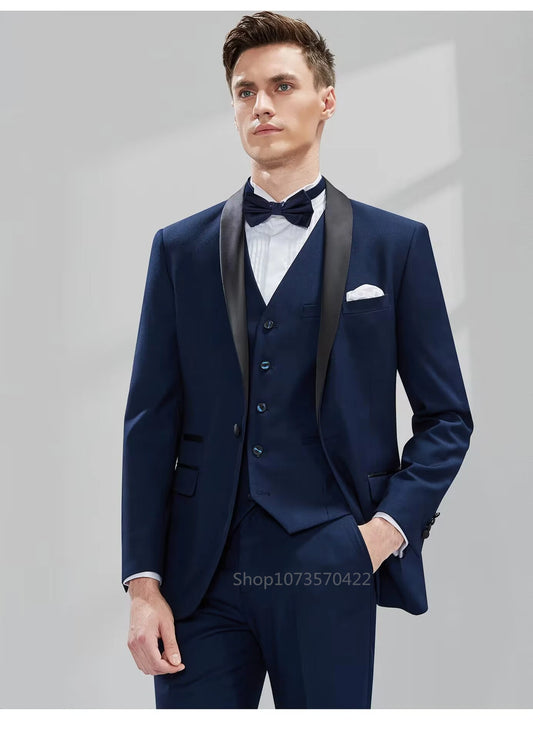 Navy Blue/Black Men Suit Gentle Mens Tuxedos Prom Party Shawl Lapel Wedding/Business 3 Pieces (Jacket+Vest+Pants)