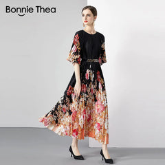 Pleated Long Dress Women O-Neck Lace-up Belt Print Loose Large Size Vintage Party