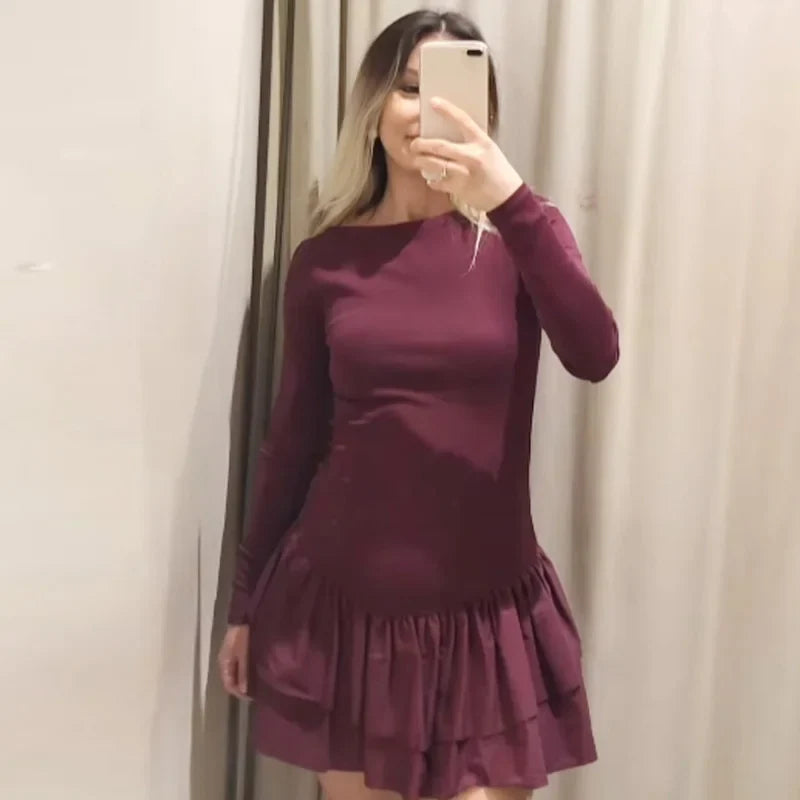 HXAO Womens Dresses Ruffled Corset Dress Summer 2025 Red Brown Black Dress O-Neck Long Sleeve Dresses Layered Party Vestidos 066