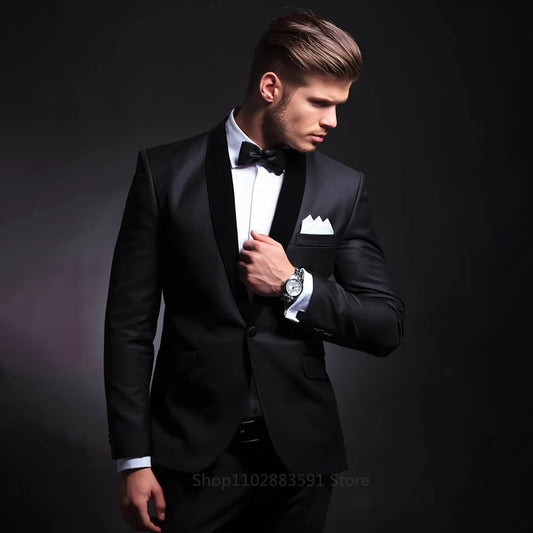 Fashion Men Suits Black Classic Shawl Lapel Single Button Blazer Business Casual Wedding Groom Tuxedo 2 Piece Male Suit Slim Fit