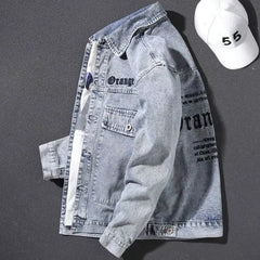 Men's Denim Jacket Wide Shoulders Male Jean Coats with Embroidery Blue Letter  Casual