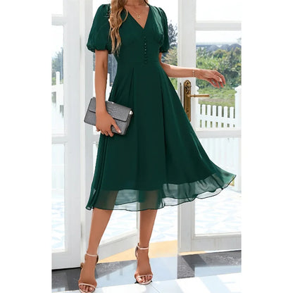 Women's Plus Size Chic Dress V-Neck Elegant A-line Chiffon Midi Dresses Lantern Sleeve Casual Party Summer Dress Vestidos