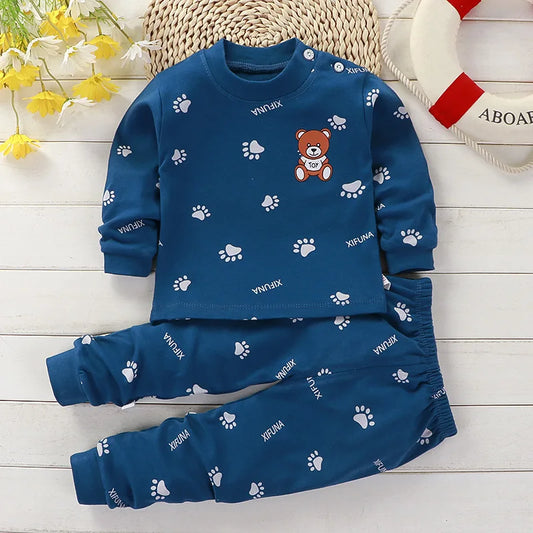 Cotton sports set Male baby spring printed T-shirt+trousers female baby casual solid color set 0-5 year old baby