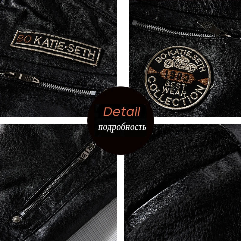 Leather Jacket Men Winter Fleece Motorcycle PU Leather Jacket Mens Stand Collar