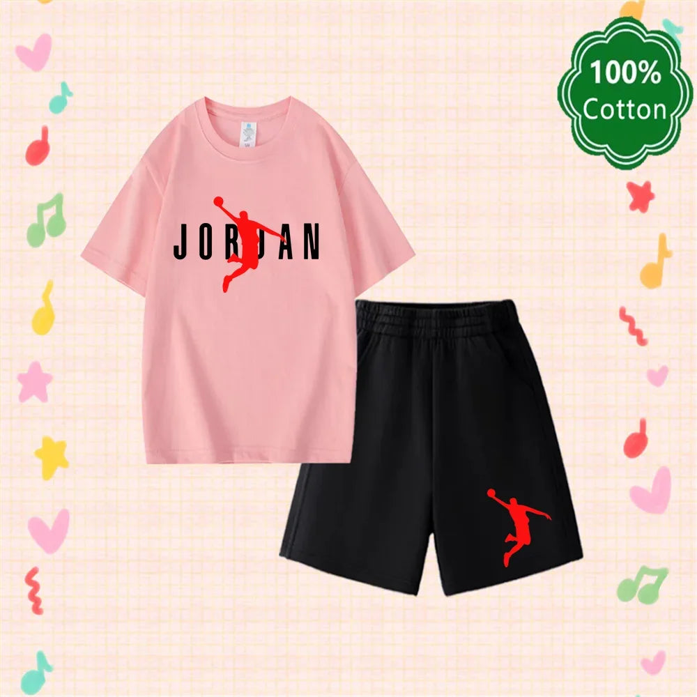 Summer New 3-14 Years Old Top Design Classic Set 100% Cotton Jordan Print T-shirt Casual Shorts Harajuku Boys/girls Gift
