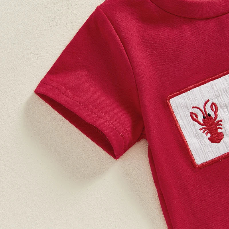 Toddler Baby Boy Summer Outfit Lobster Crawfish Embroidery Short Sleeve T-Shirt Top Striped Shorts Set Ocean Clothes