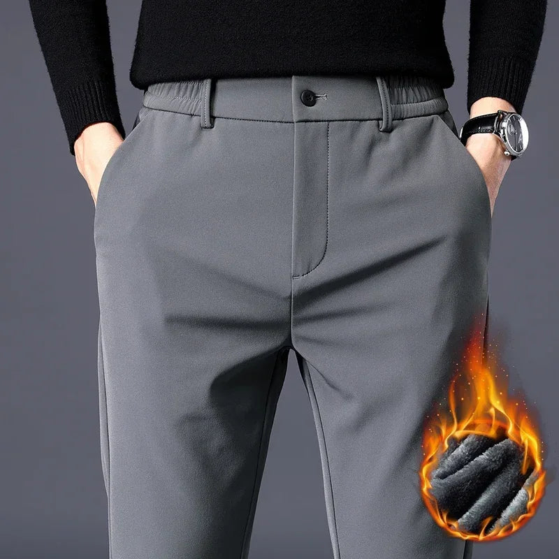 Autumn Winter Pants Men Thicken Fleece Lined Warm Elastic Waist Outdoor Sweatpants