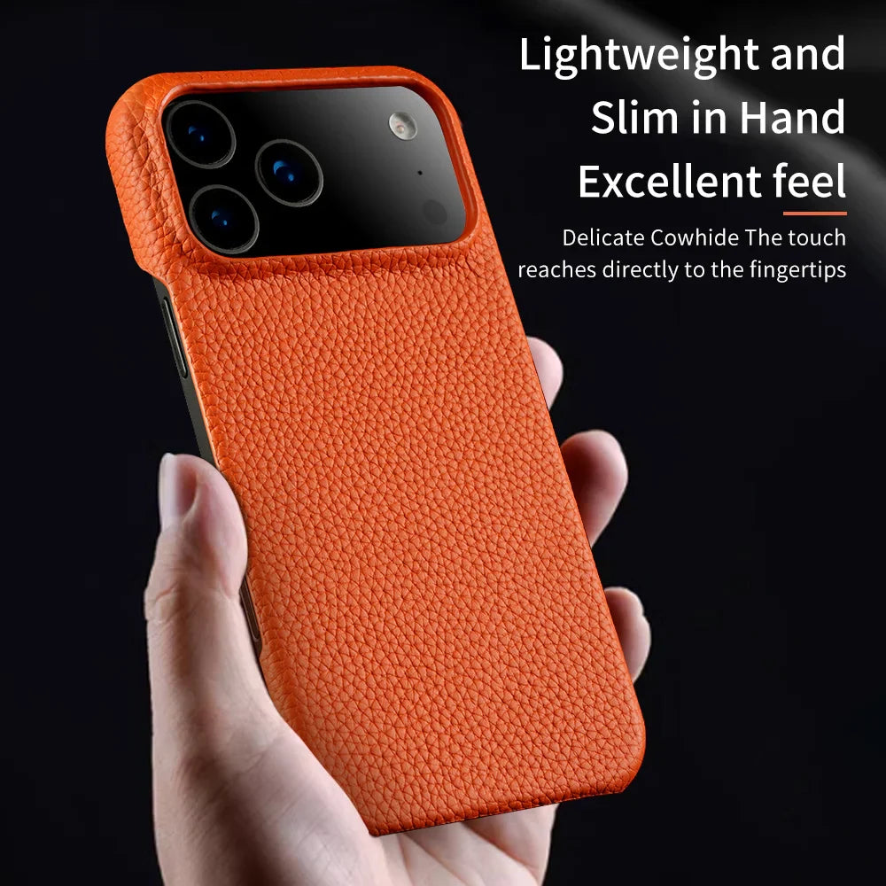 Magsafe Case for iPhone 17 Air 15 16 Pro Max 17Pro Lychee Natural Cowhide Leather Magnetic Protector Luxury Phone Back Cover