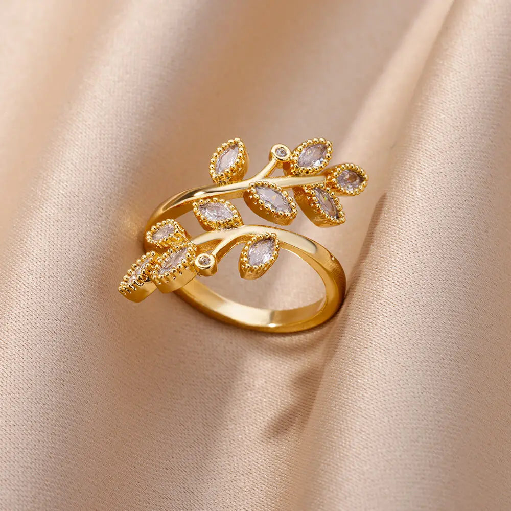 White Zircon Flower Leaf Shape Stainless Steel Rings For Women Adjustable Aesthetic