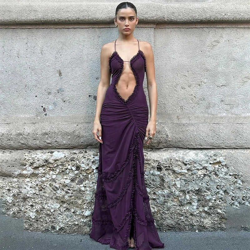 Evening Dresses: Sleeveless Hollow Dress Camisole Shrunk Split Wave Cut Dress