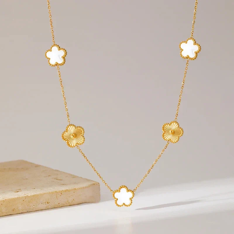 Stainless Steel White Plum Blossom Plant Leaf Flower Set Reversible Necklace Earrings Bracelet Women Clover Jewelry