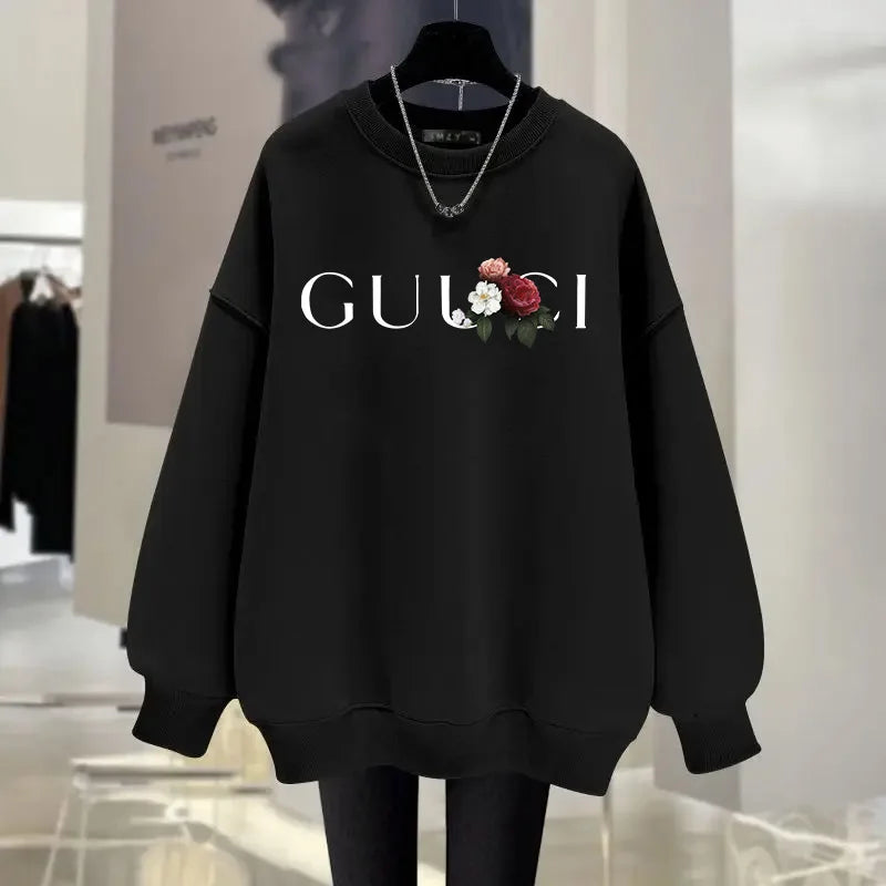 Women's O-Neck Hoodie Letter Printed Loose Long Sleeved Sweatshirt Woman Vintage