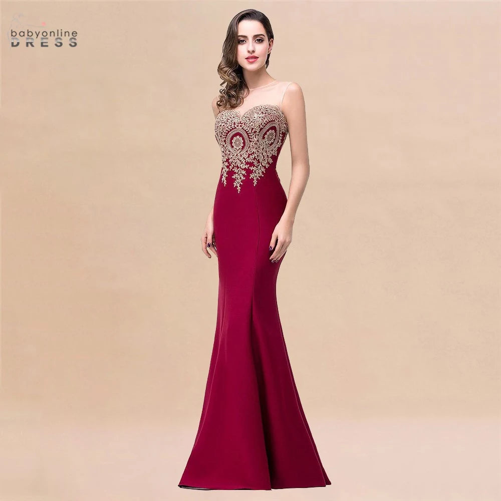 Evening wear Dresses: Women Golden Appliques Lace Royal Blue Gowns