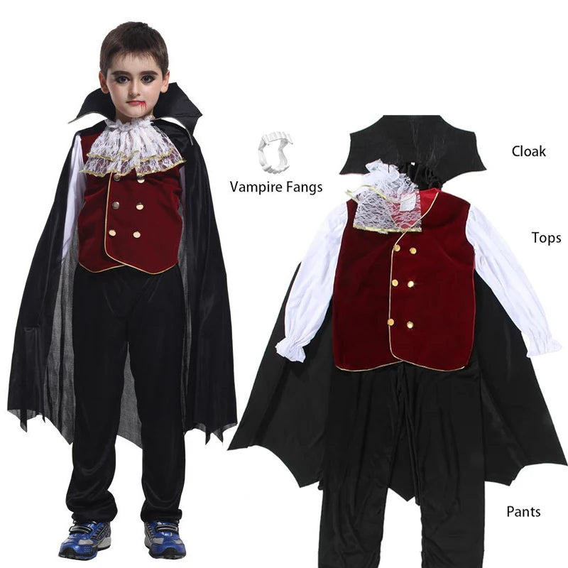 Kids' Halloween Gothic Vampire & Day of The Dead Cosplay Costumes for Boys Top + Pants + Cloak Set Scary Fantasy Outfits