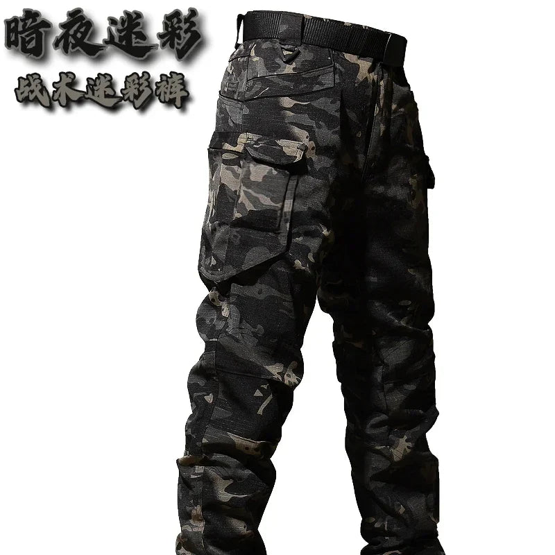 Autumn Tactical Sets Men Outdoor Breathable Short Sleeve Tshirt+Waterproof Straight Pant 2 Pcs Suits Camo Multi-pocket Cargo Set