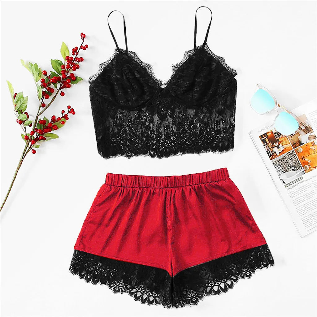 Lace Lingeries Set 2 Piece Set Exotic Deep V Suspenders
