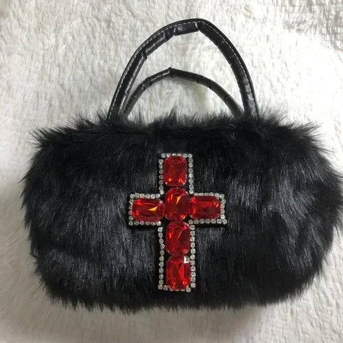 Y2k Gothic Handbag Soft Plush Black Cross Applique Shoulder Bag Fashion