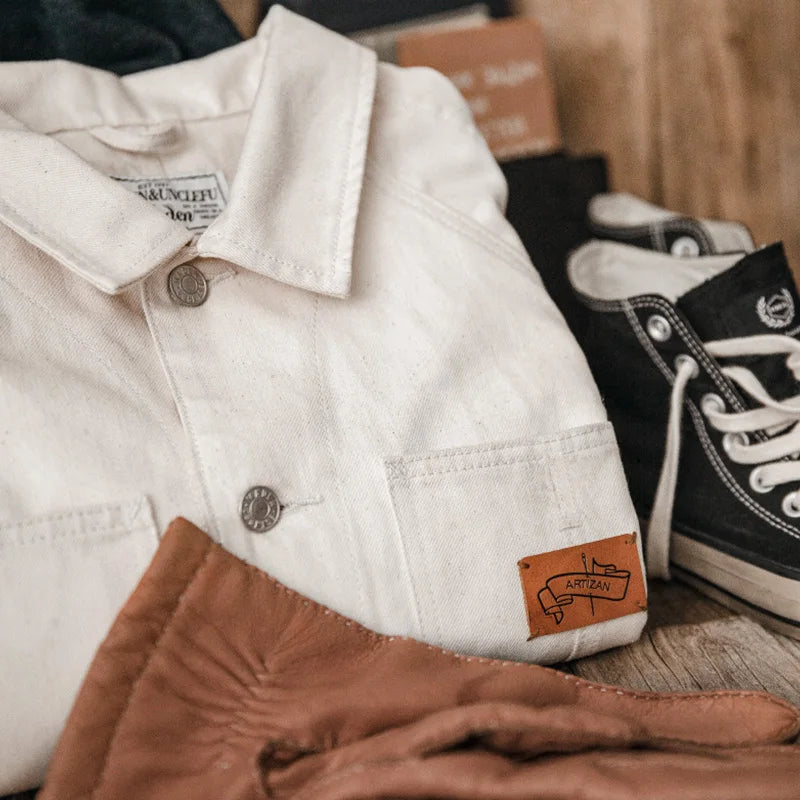 Workwear French Vintage Square Neck White Denim Jacket Large Pocket Raglan Men's