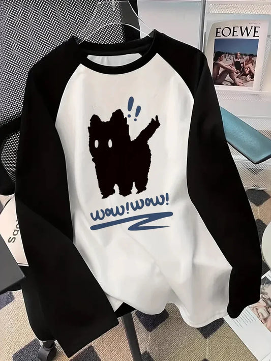 Winter Autumn Long Sleeved Black Cat Design Shirt Funny T Shirt Women's Casual Long Sleeve T-Shirt Crew Neck Top Tee Tshirt