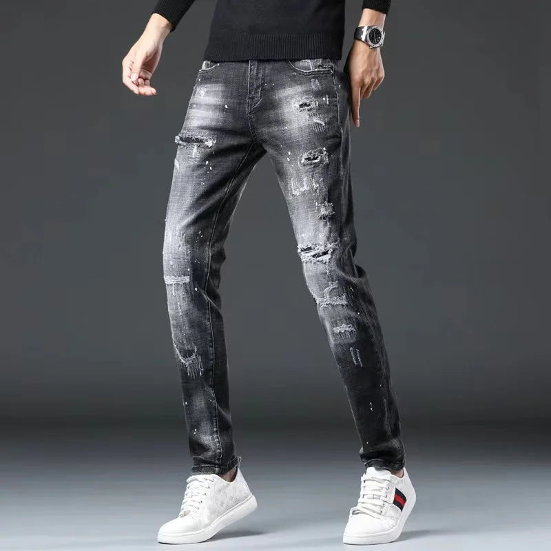Ripped Hole Jeans Men's Paint Dots Ink Splattered Soft Cotton High Elastic