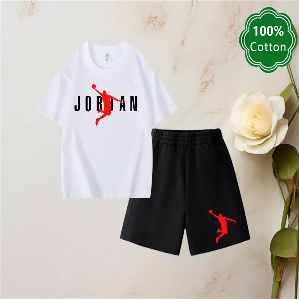 Summer New 3-14 Years Old Top Design Classic Set 100% Cotton Jordan Print T-shirt Casual Shorts Harajuku Boys/girls Gift
