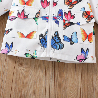 Explosive girls autumn hooded sweater cartoon butterfly print long-sleeved casual jacket kids fashion windbreaker baby clothing