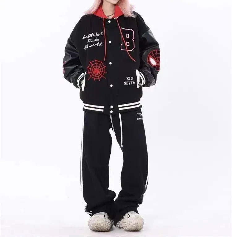 Jackets Men Embroidery Baseball Jacket removable Hat Spliced PU Leather