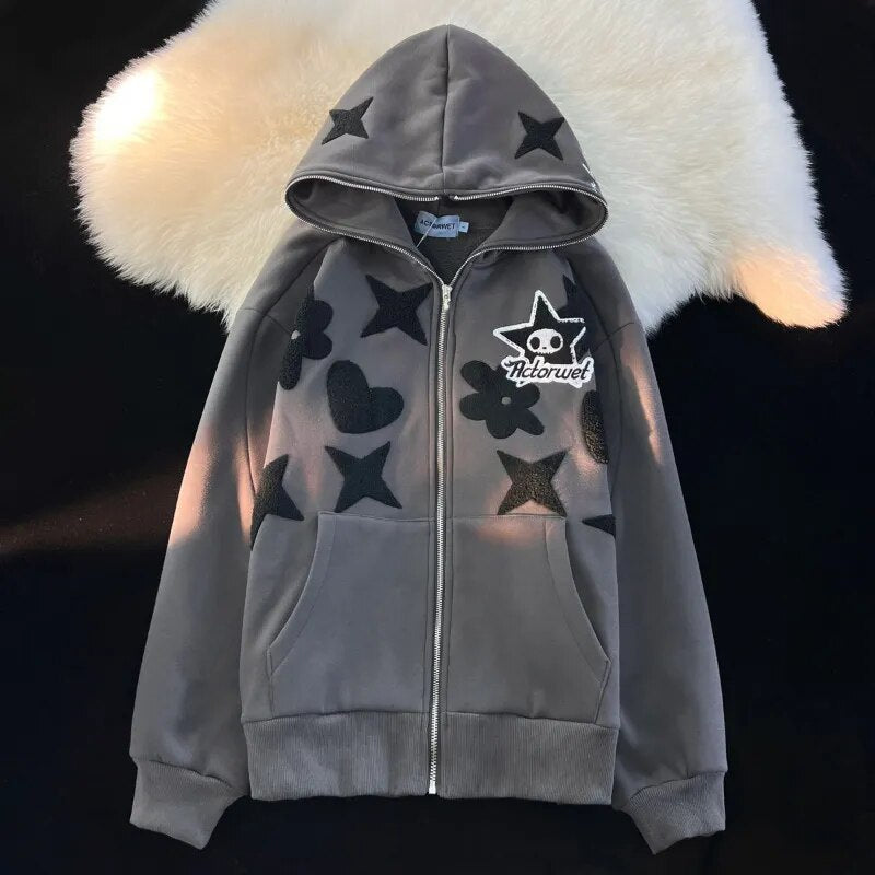 Women Retro Embroidery Hoodies Autumn Winter Zip Up Long Sleeve Loose Jacket Coats