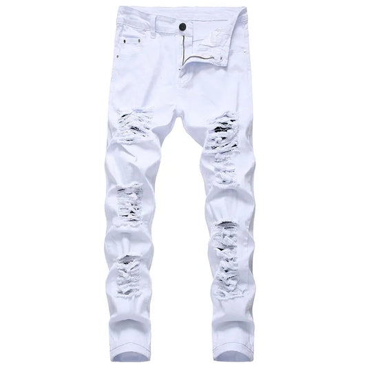 Men's White Jeans Fashion Hip Hop Ripped Skinny Men Denim Trousers Slim Fit Stretch