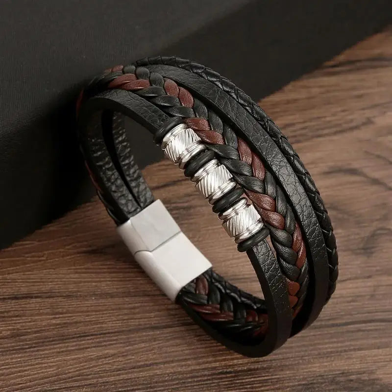 Punk Men Leather Bracelet with Stainless Steel Magnetic Clasp Braided Mutilayer Leather Wrapping Bangles Man Jewelry Gift