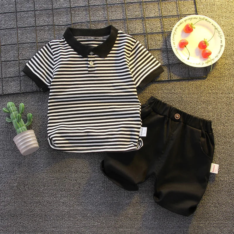 Summer Boys Sets Baby Thin Suit Children Lapel Striped Top Solid Shorts Two-Piece New Baby Fashion Casual Outfit 12M-5 Years Old
