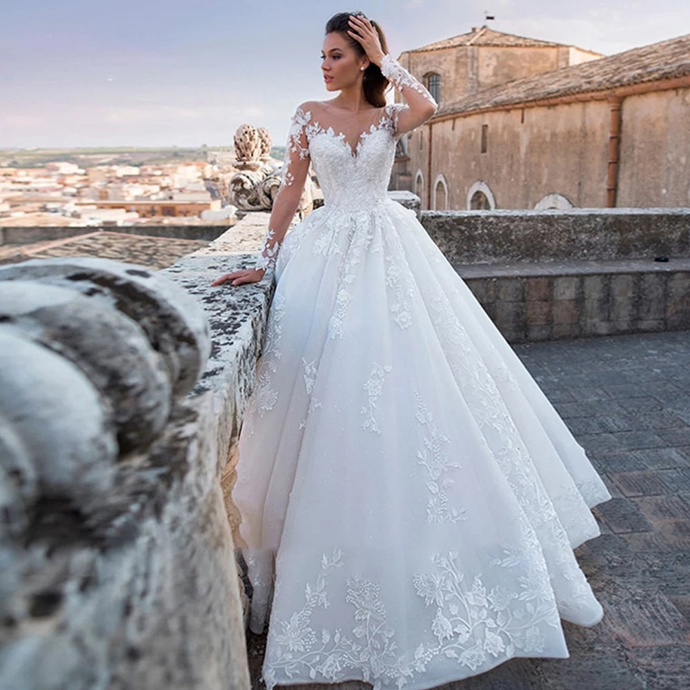 Elegant Wedding Dresses 2023 Illusion Long Sleeve White Ivory Applique Lace
