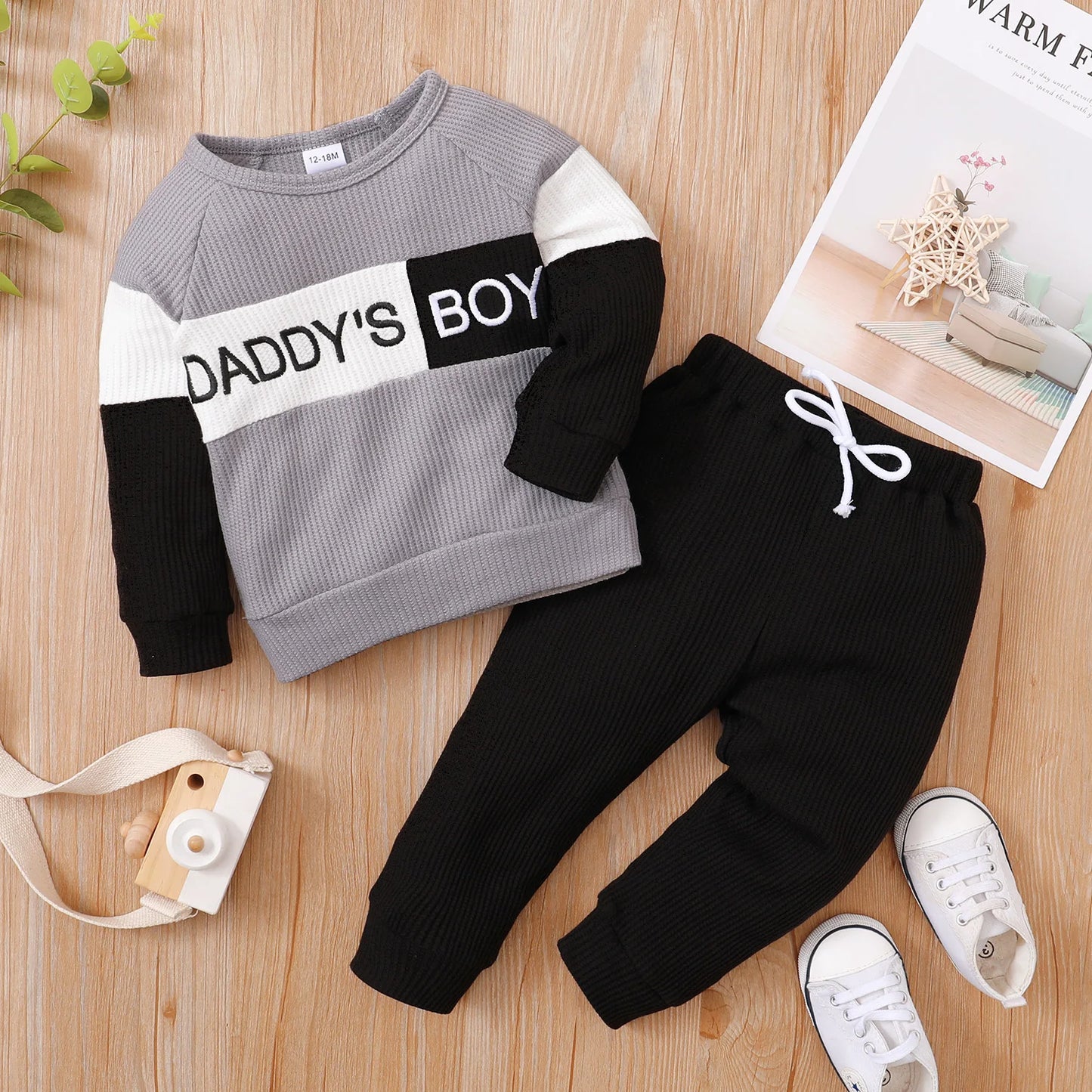 Winter Newborn Infant Baby Boy Long Sleeve Knitted    Soft  Waffle  Letter Casual Fashion Baby Clothing