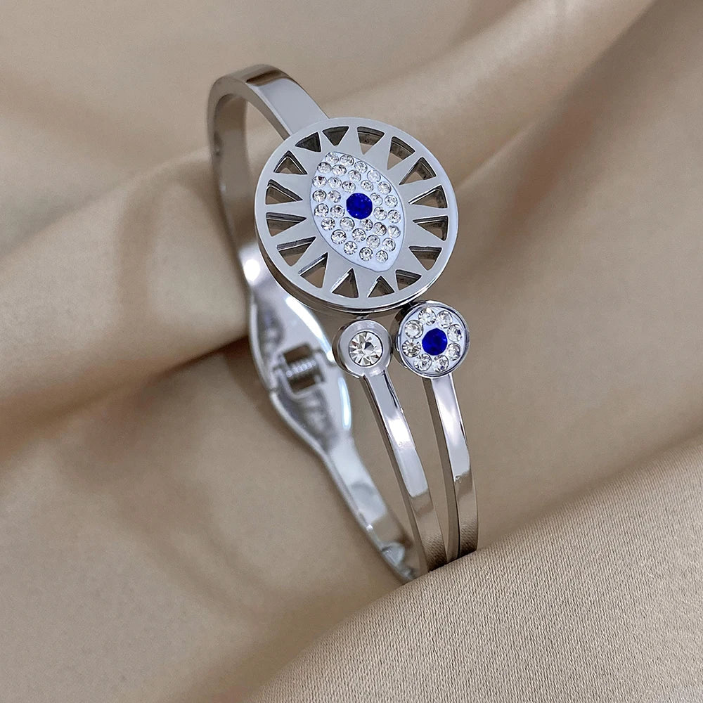 Evil Eye Bracelet Exquisite Stainless Steel Hollow Evil Eye Decorative Charm Bracelet Bangles with Rhinestones
