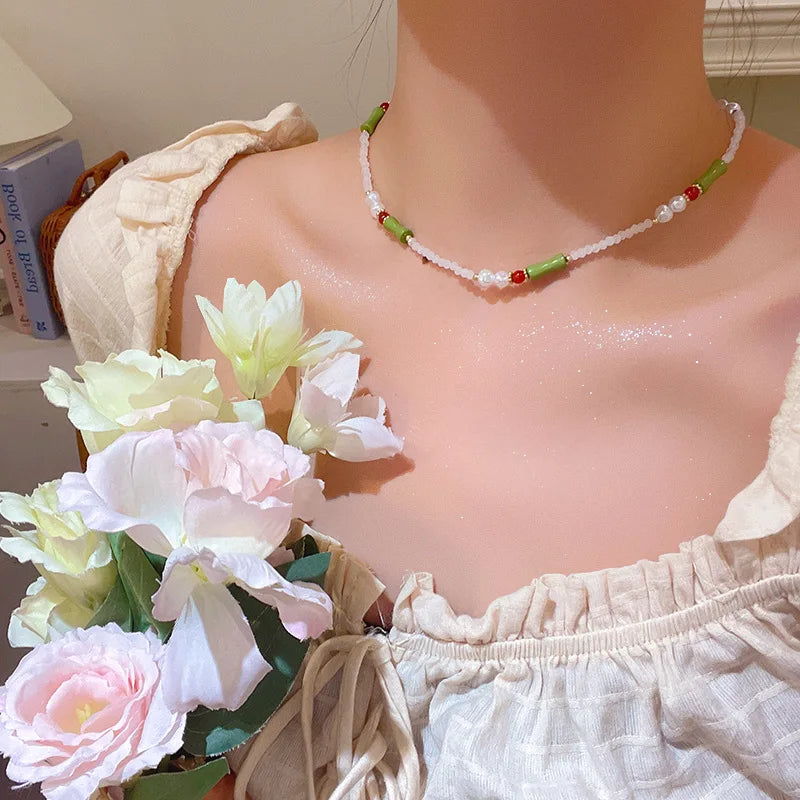Romantic Niche Pink Sweet Flower Collarbone Chain Versatile Temperament Necklace Women's Pearl Fringe Collarbone Chain