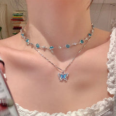 Blue Crystal Butterfly Necklace for Women Girls Simple Shiny Zircon Bilayer Choker