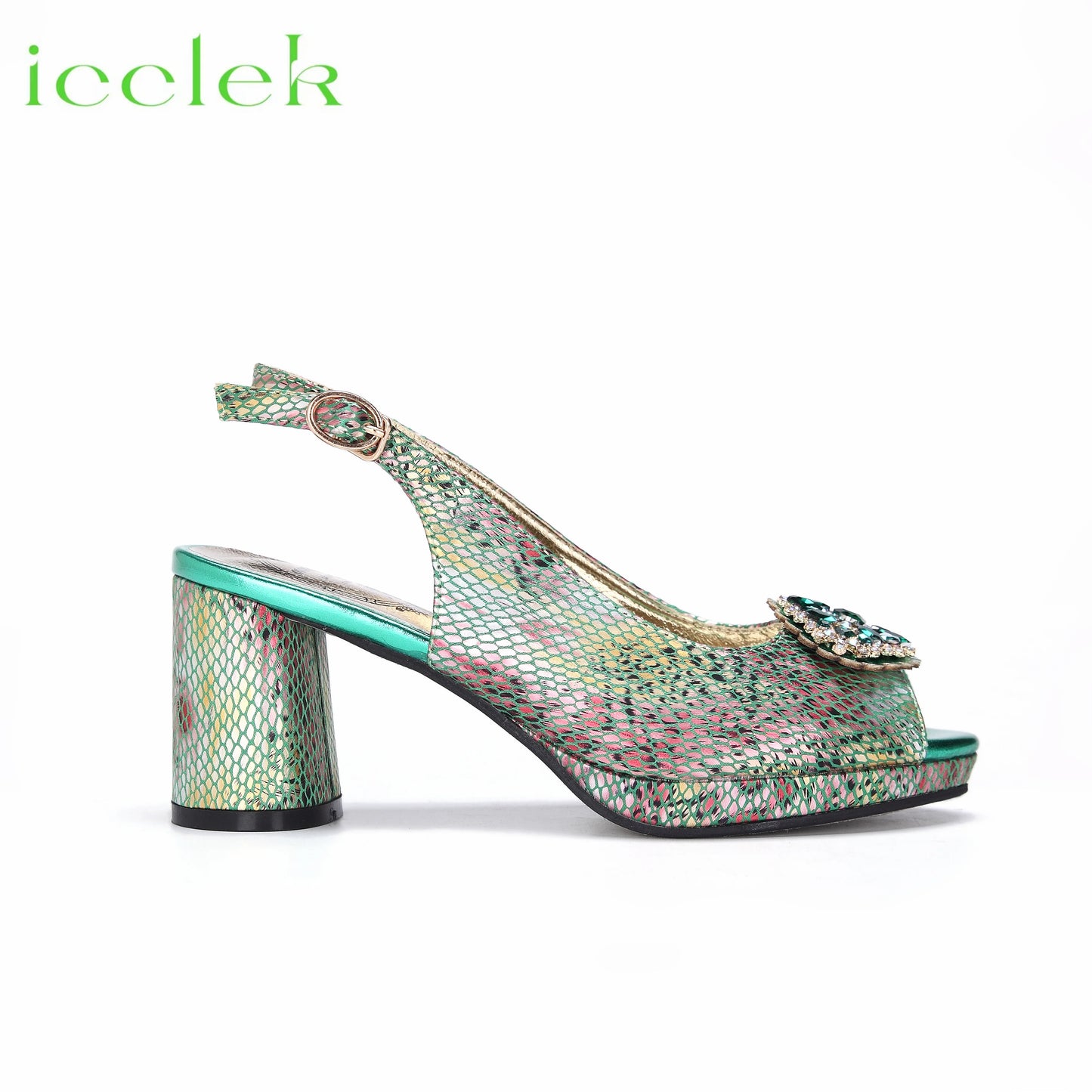 High Quality Peep Toe Snake pattern Special Design Ladies Party Shoes Matching Bag Set in Green Color