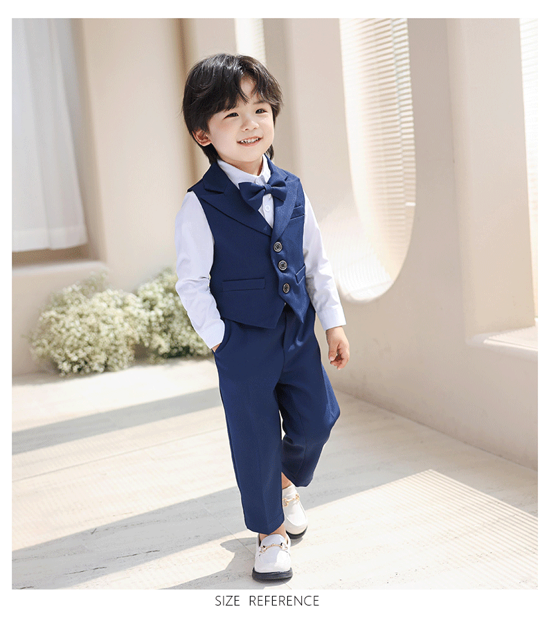 3Pcs Children Boys Black Blue Wedding Suit Teenager Kids Boy Piano Ceremony Tuxedo Suit Formal Vest Shirt Pants Bow Kid Boy Suit