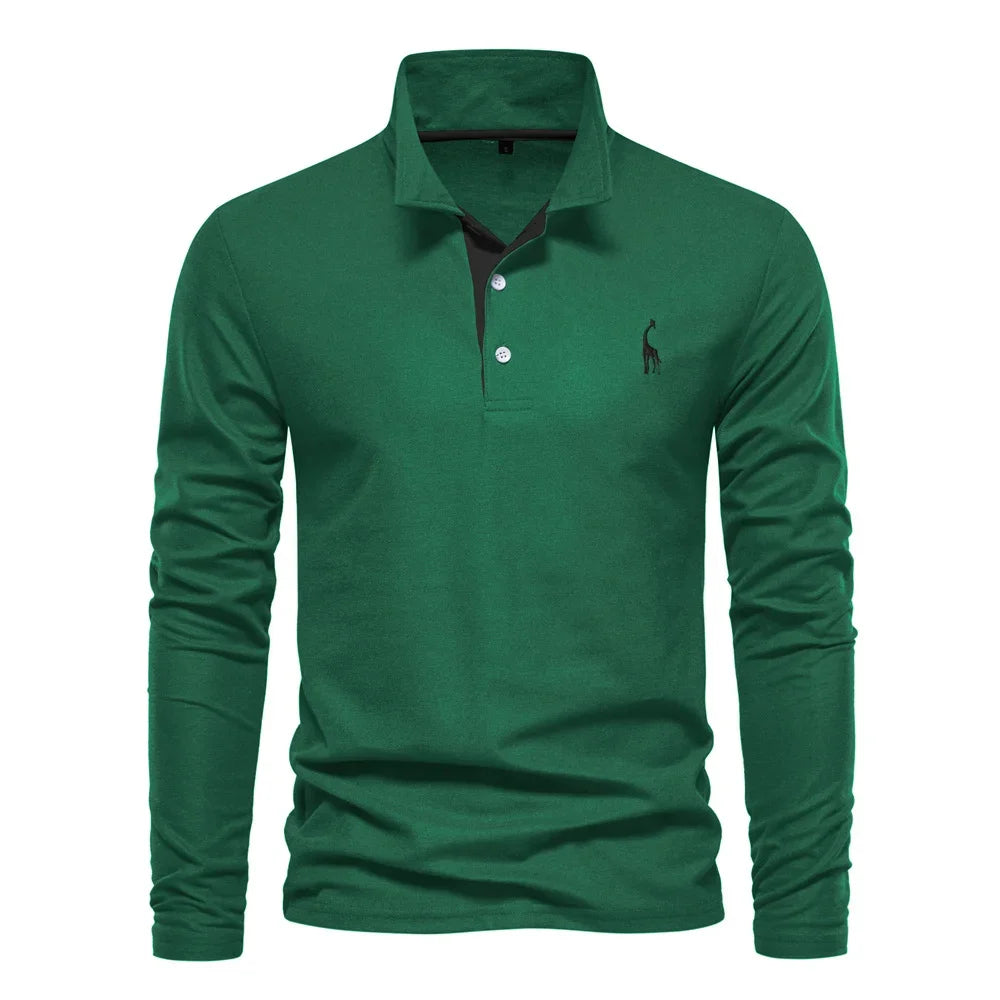 AIOPESON 2023 New Men's Deer Embroidery Polo Shirts Solid Color Long Sleeve Social Business Male