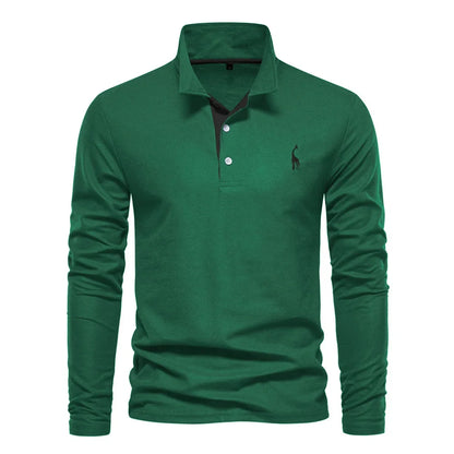 AIOPESON 2023 New Men's Deer Embroidery Polo Shirts Solid Color Long Sleeve Social Business Male