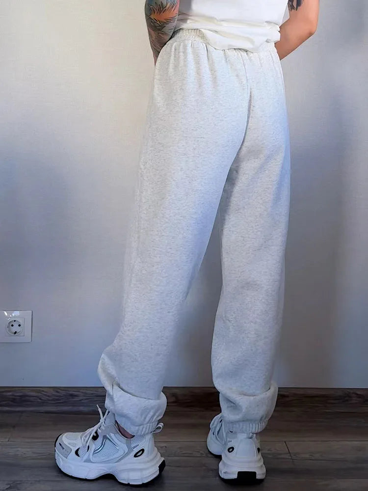 Sweatpants Women Winter Straight Leg Fleece Pants Elastic Waist Gray Velvet Trousers