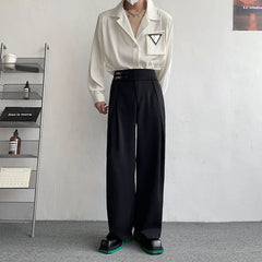 Buckle Loose Casual Wide Leg Suit Pants Male Japan Korean Streetwear Fashion Chic Straight Trousers