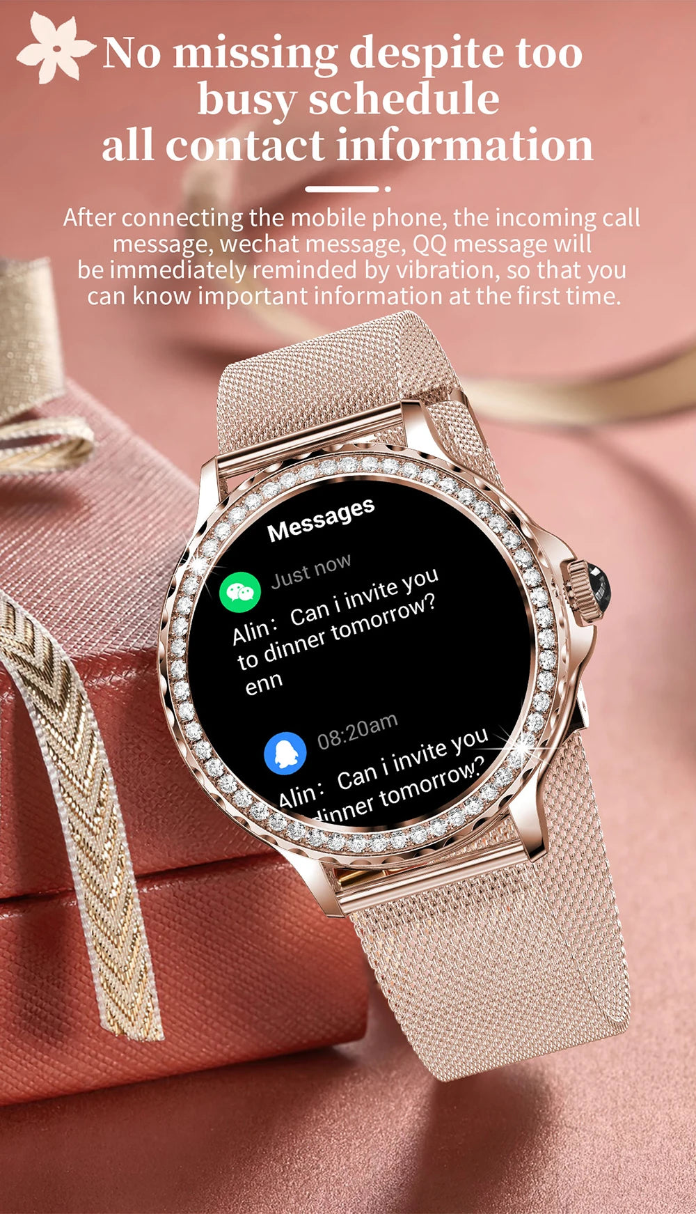 MEVADEN Rose Gold Smart Watch Bluetooth Call Lady 100+ Sports Mode Fitness Health Monitor Women Smartwatch for IOS Android NX19