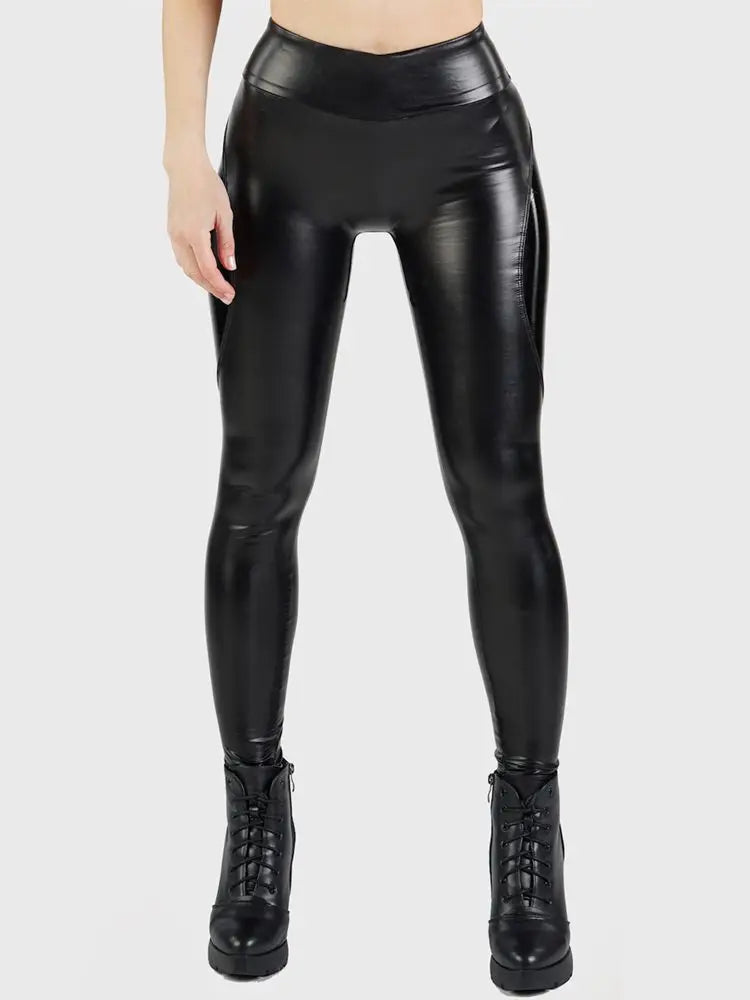 Fashion Pu Leggings Women Black Sexy Bright Leather Matte Splicing Trousers Female