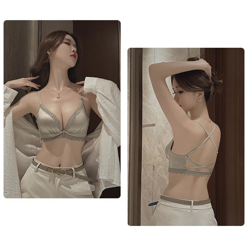 Women's Lingerie Set Silk Ruffles Lace Bras French Underwear Front Closure