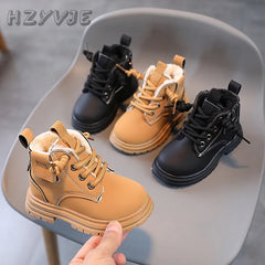 Children's Fashion Boots Winter Thickened Boys Girls' Anti Slip Warm Leather Boots Side Zipper Solid Color Kids Casual Shoes