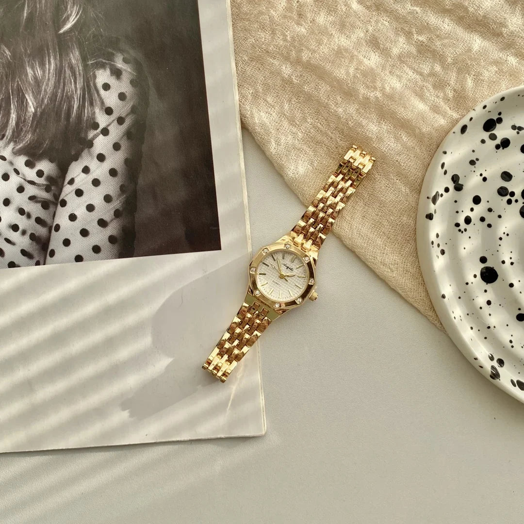 Women's Fashion Round Room Gold Steel Band Quartz Wristwatch Luxury Ladies Golden Watch for Women Clock Female Reloj