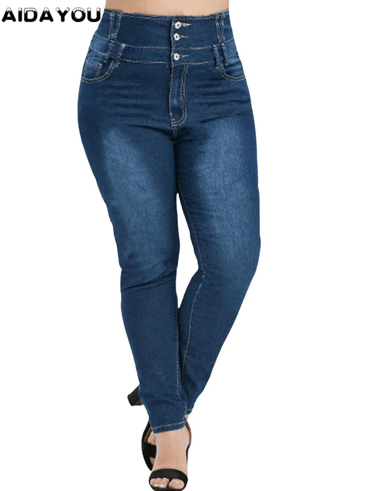 Plus Size Jeans For Women High Wasited Denim Pants  for Big Curve Style Button Front